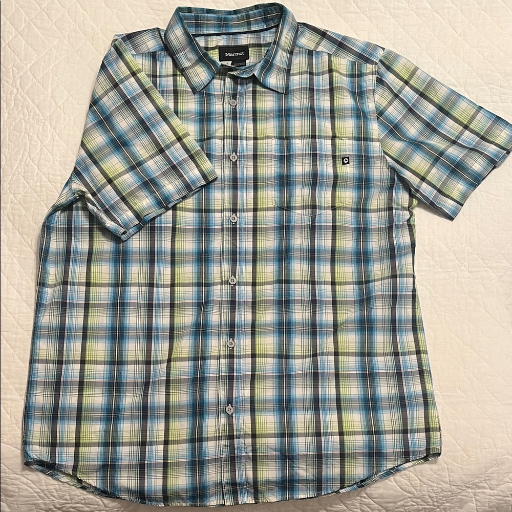 MARMOT Plaid Performance Button Up Short Sleeve Shirt, Large